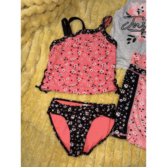 Justice 4 Piece Girls, Outfit, Swimsuit, Tankini Shorts Tank Floral Orange 10 - Picture 2 of 8